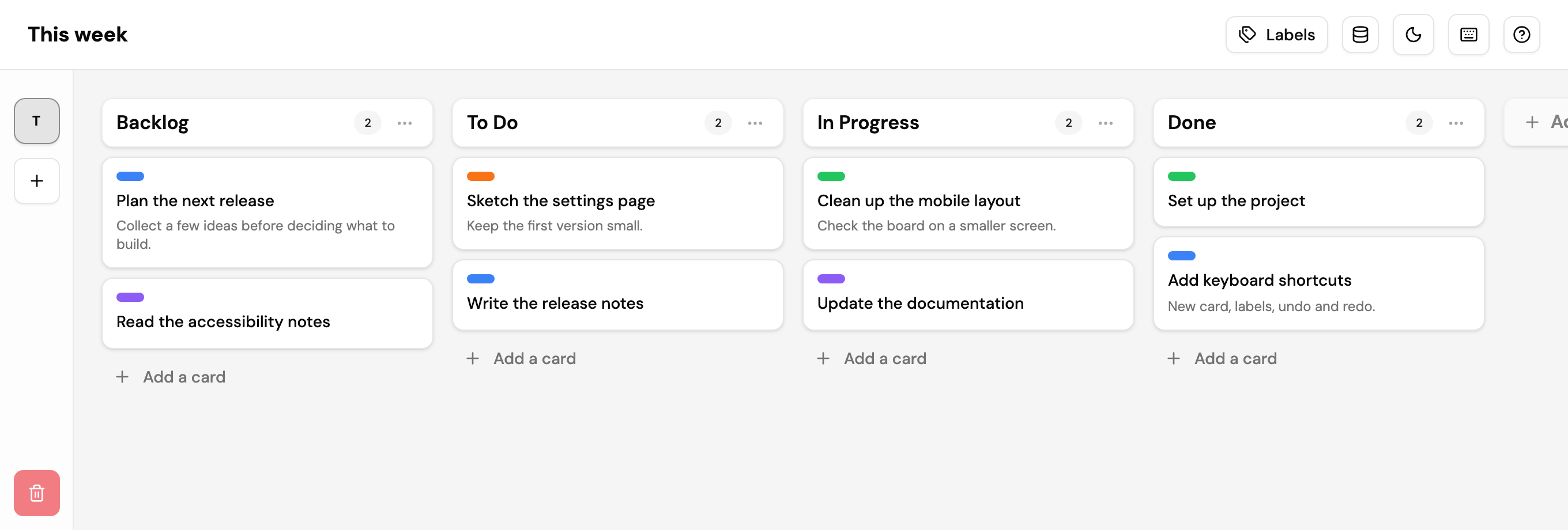 Bareban's light theme showing a This week board, with task cards in Backlog, To Do, In Progress, and Done columns.